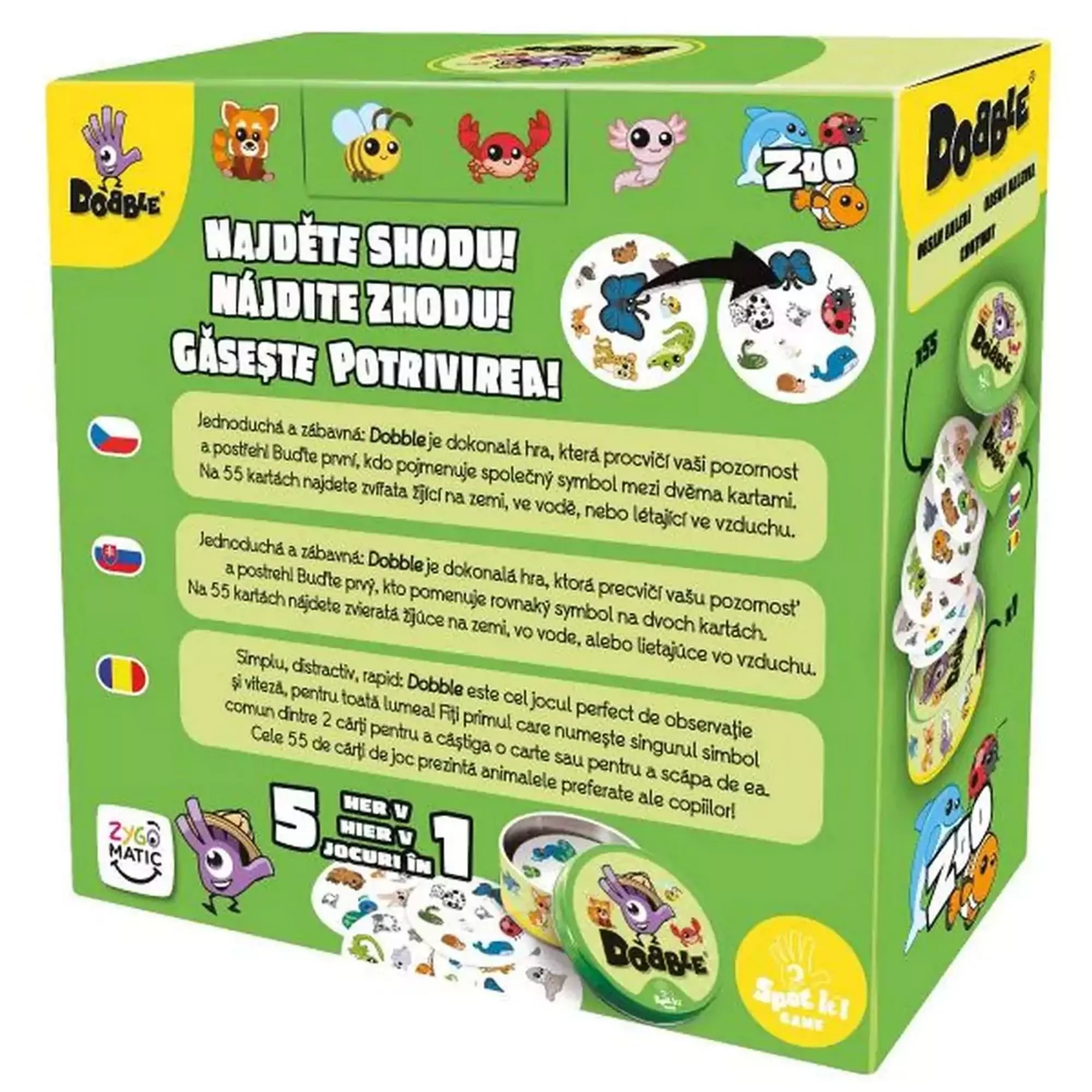 A Dobble Zoo doboz hátoldala, játékismertetővel és többnyelvű leírással.
