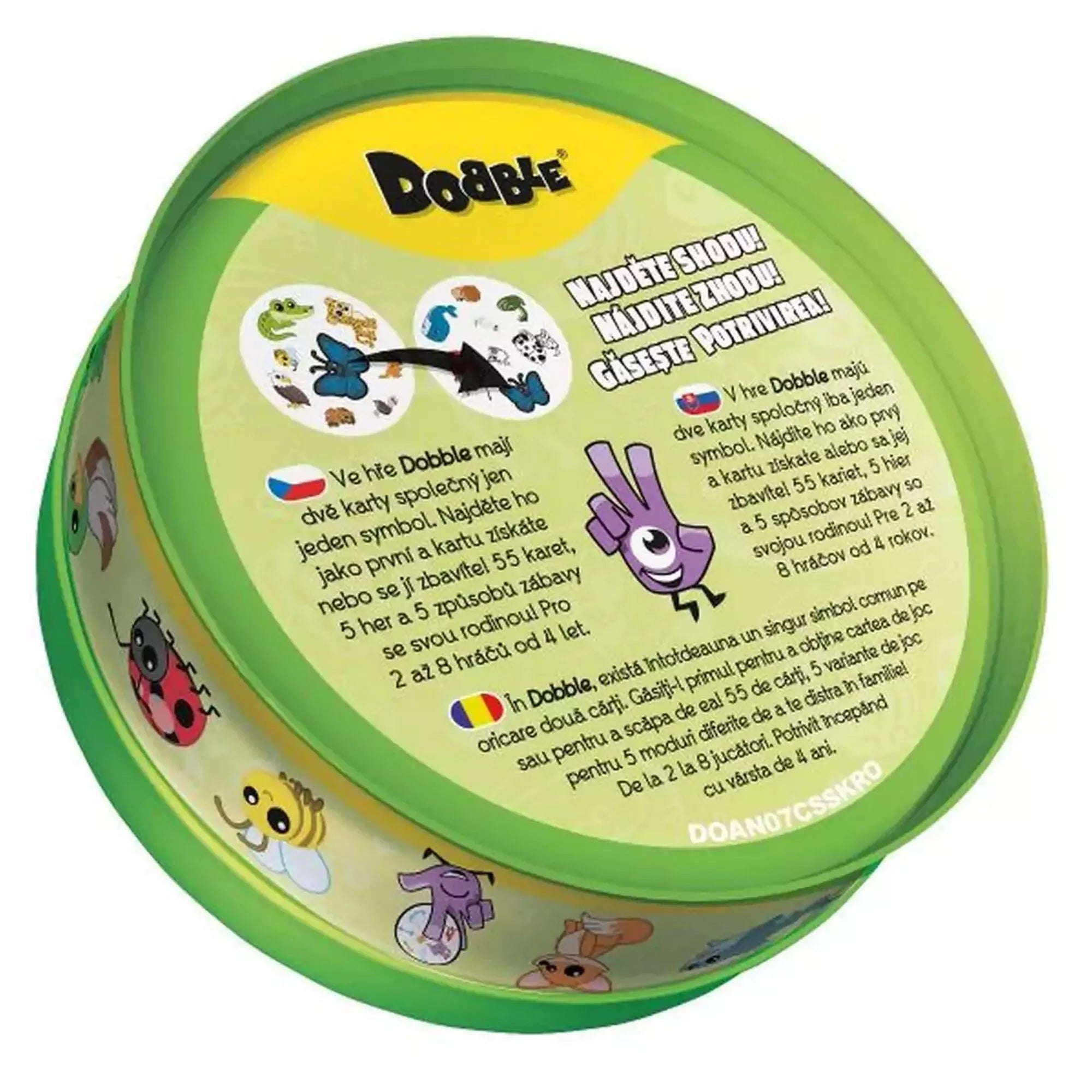 A Dobble Zoo kör alakú fém doboza, állatos szimbólumokkal és játékleírással.