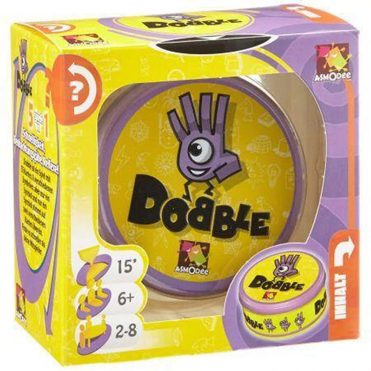 Dobble társasjáték doboza: Dobble társasjáték csomagolása, sárga, lila színekkel és a játék karakteres logójával.