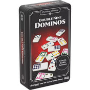 Fekete fémdobozos Double Nine Dominos készlet elölnézeti képe, színes pöttyökkel ellátott dominó lapokkal, „Colorful, durable Dominoes” felirattal.