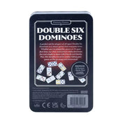 A Double Six Dominoes doboz hátoldala, részletes leírással és dominókészlet tartalmának felsorolásával.