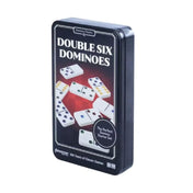 Double Six Dominoes játék fémdobozos csomagolása, színes pöttyökkel ellátott dominókkal és „The Perfect Domino Starter Set” felirattal.