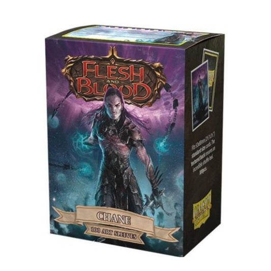 Dragon Shield Chane 100 x Standard kártyavédő doboza, Flesh and Blood grafikával, misztikus harcos karakterrel és 100 darabos art sleeves felirattal.