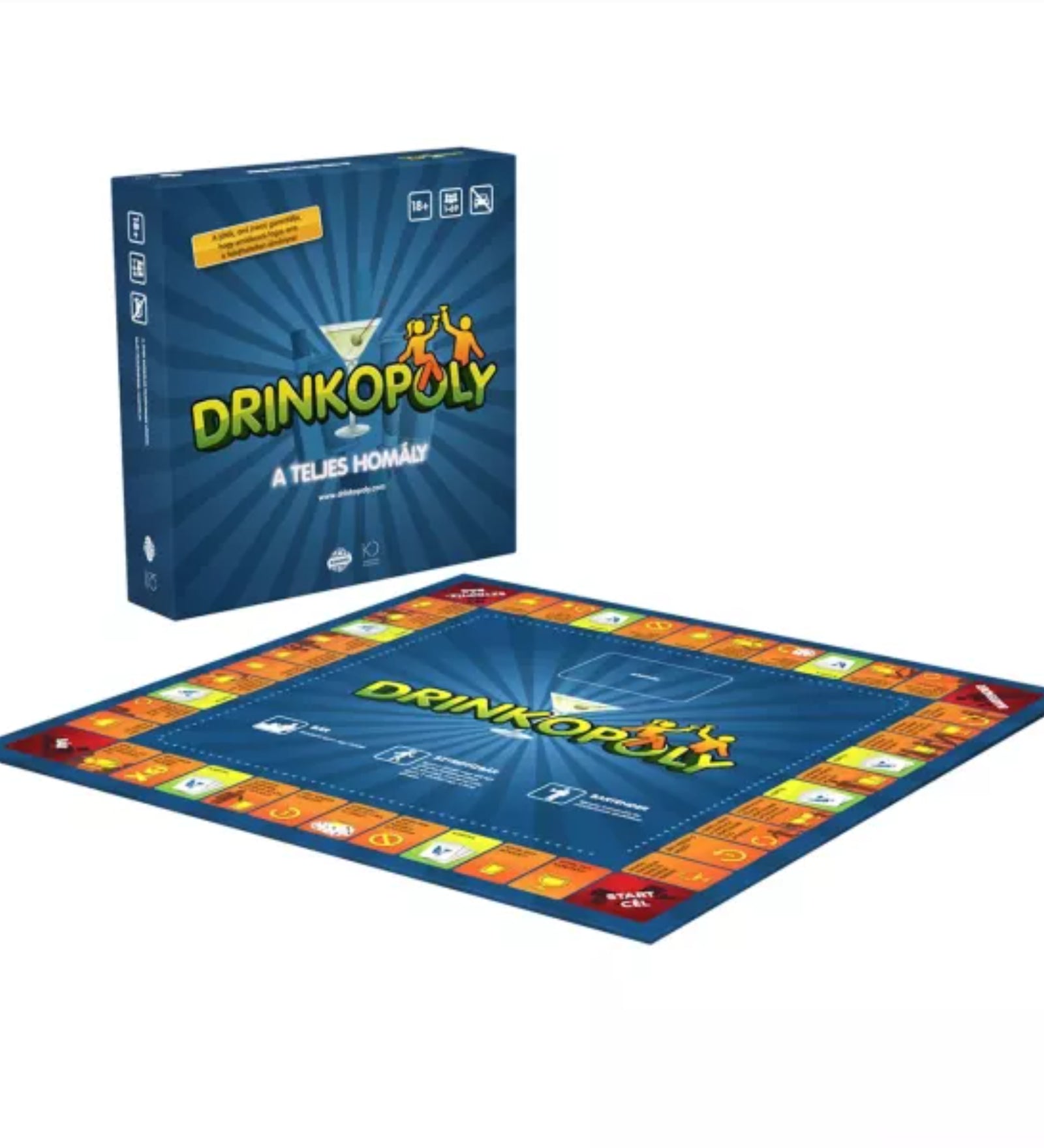 Drinkopoly – A teljes homály magyar nyelvű ivós társasjáték doboza és kiterített játéktáblája, színes mezőkkel, báros és ivós feladatokkal, 18+ partijáték felnőtteknek