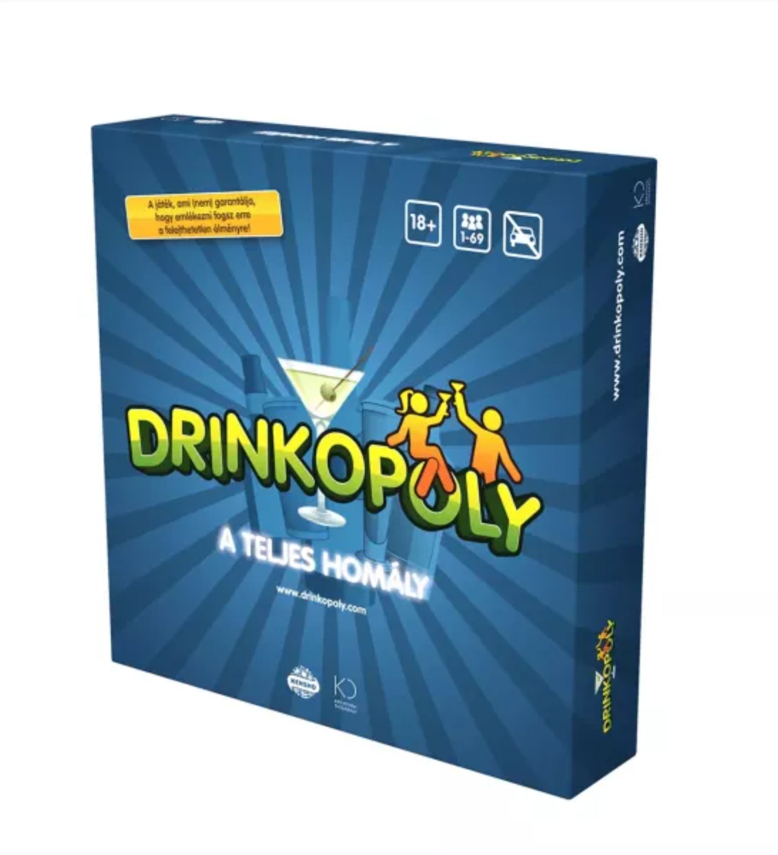 Drinkopoly – A teljes homály magyar nyelvű társasjáték doboza elölnézetből, kék háttérrel, koktélpohár grafikával és bulizós hangulatú dizájnnal