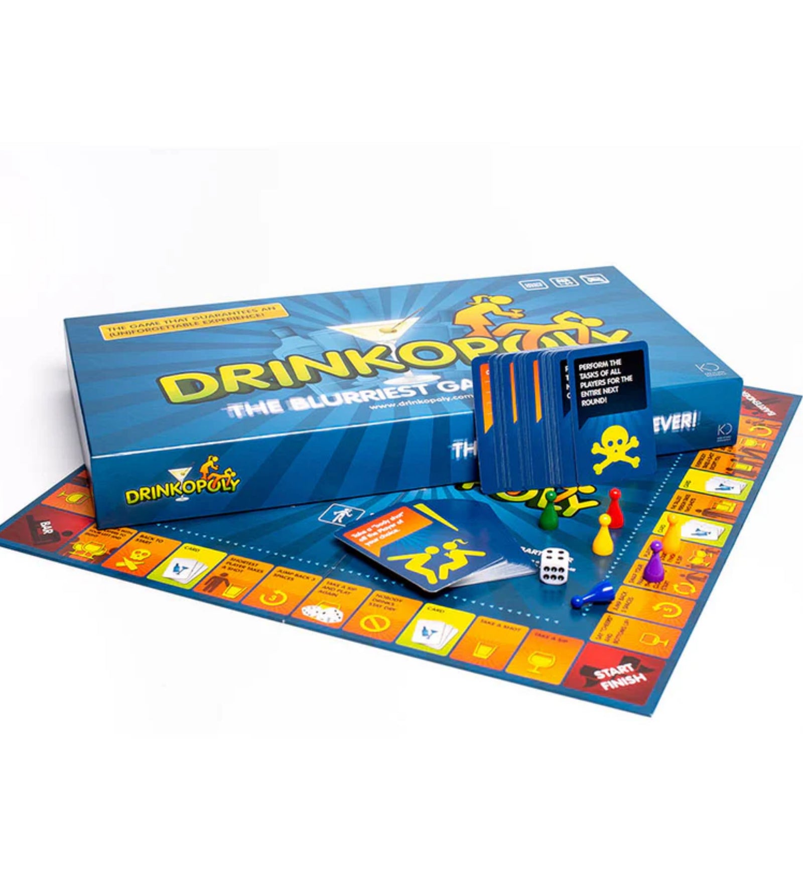 Drinkopoly angol nyelvű társasjáték doboza és teljes játéktartalma, színes játéktáblával, ivós feladatkártyákkal, dobókockával és több színű bábuval, fehér háttéren bemutatva.