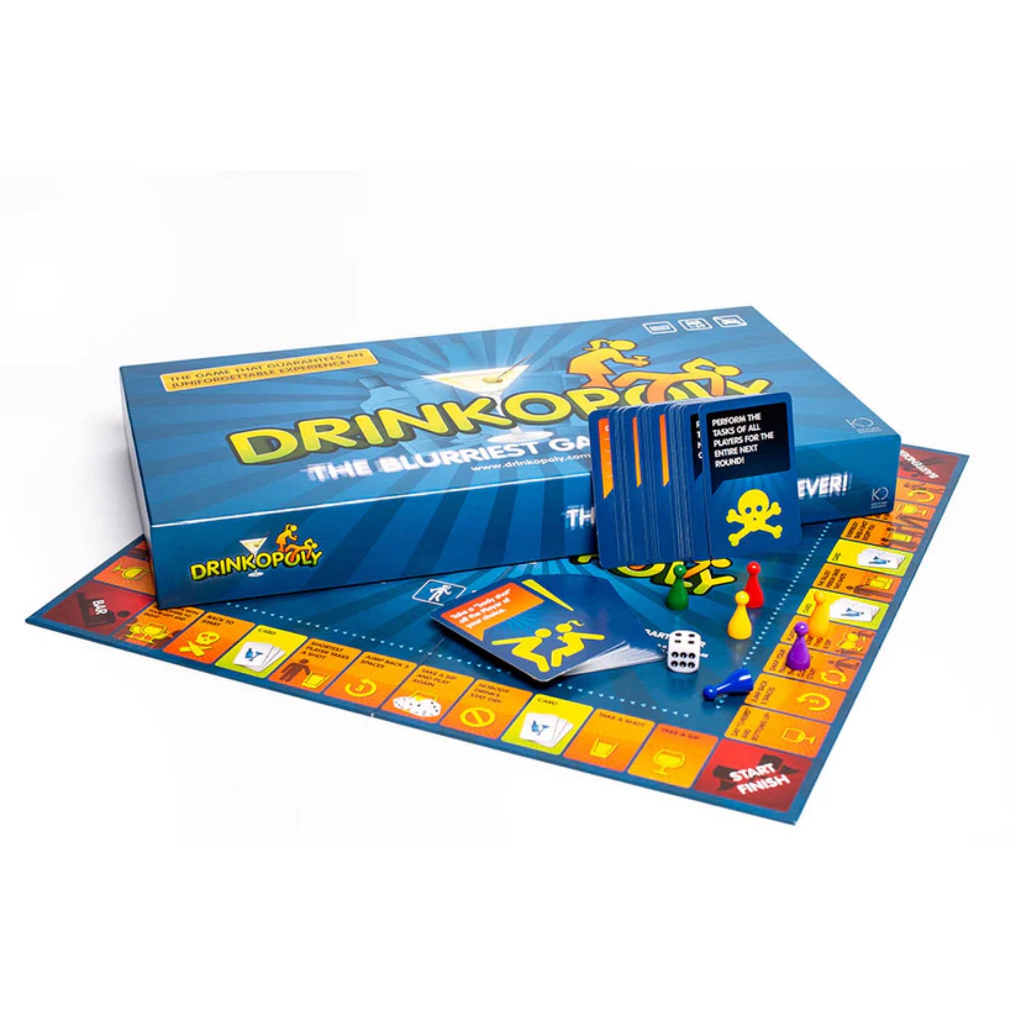 Drinkopoly angol nyelvű társasjáték doboza és teljes játéktartalma, színes játéktáblával, ivós feladatkártyákkal, dobókockával és több színű bábuval, fehér háttéren bemutatva.