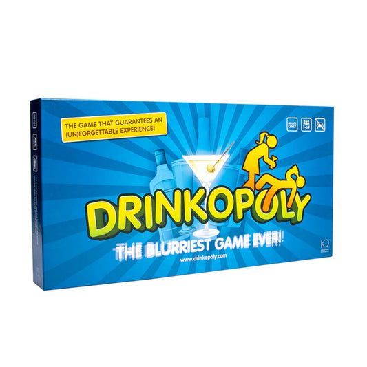 Drinkopoly angol nyelvű társasjáték doboza oldalnézetből, kék alapszínű dizájnnal, „The Blurriest Game Ever!” felirattal és pohár grafikával, felnőtteknek ajánlva.