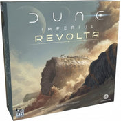 Dune: Imperiul – Revolta társasjáték dobozának előlapja, ikonikus sivatagi illusztrációval, homokféreggel és a Dűne univerzum politikai–katonai konfliktusait megidéző hangulattal