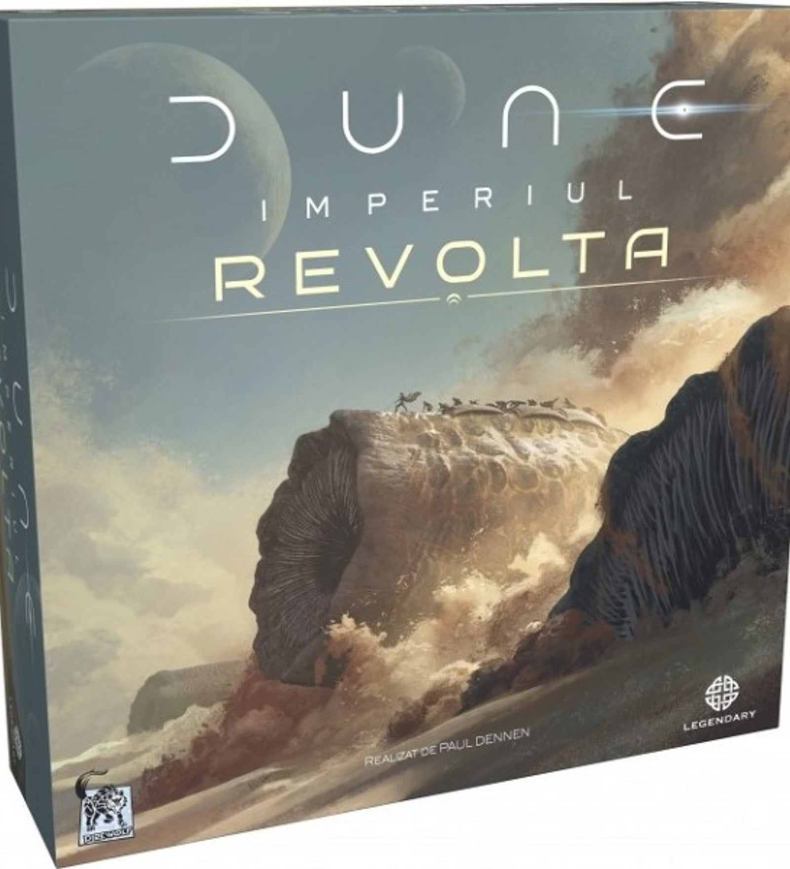 Dune: Imperiul – Revolta társasjáték dobozának előlapja, ikonikus sivatagi illusztrációval, homokféreggel és a Dűne univerzum politikai–katonai konfliktusait megidéző hangulattal
