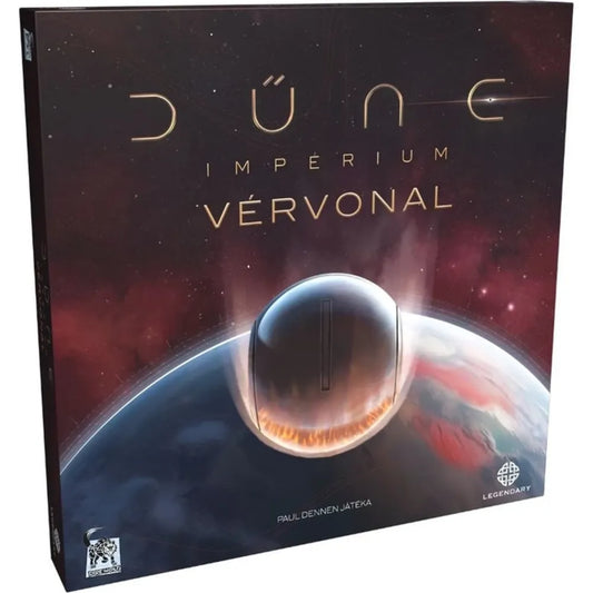 Dűne: Impérium – Vérvonal kiegészítő doboza, amelyen a Dűne univerzum jellegzetes sci-fi látványvilága jelenik meg bolygóval és űrbéli szimbólummal.