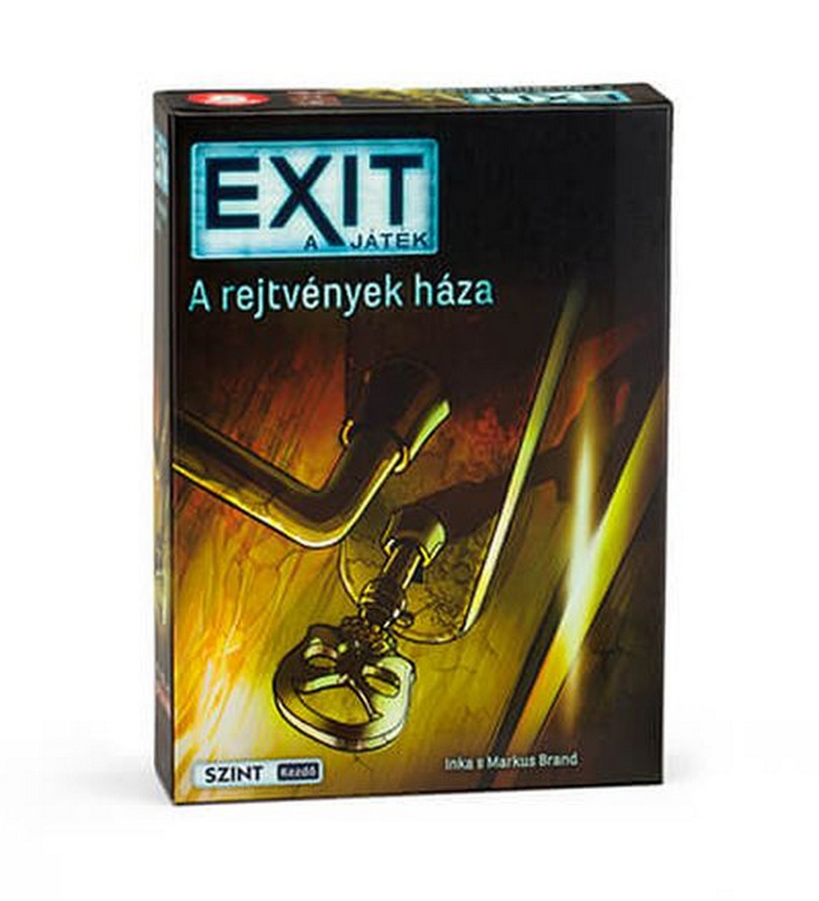„EXIT – A rejtvények háza társasjáték doboza, sötét hangulatú borítóval és csövek között lógó kulccsal.”