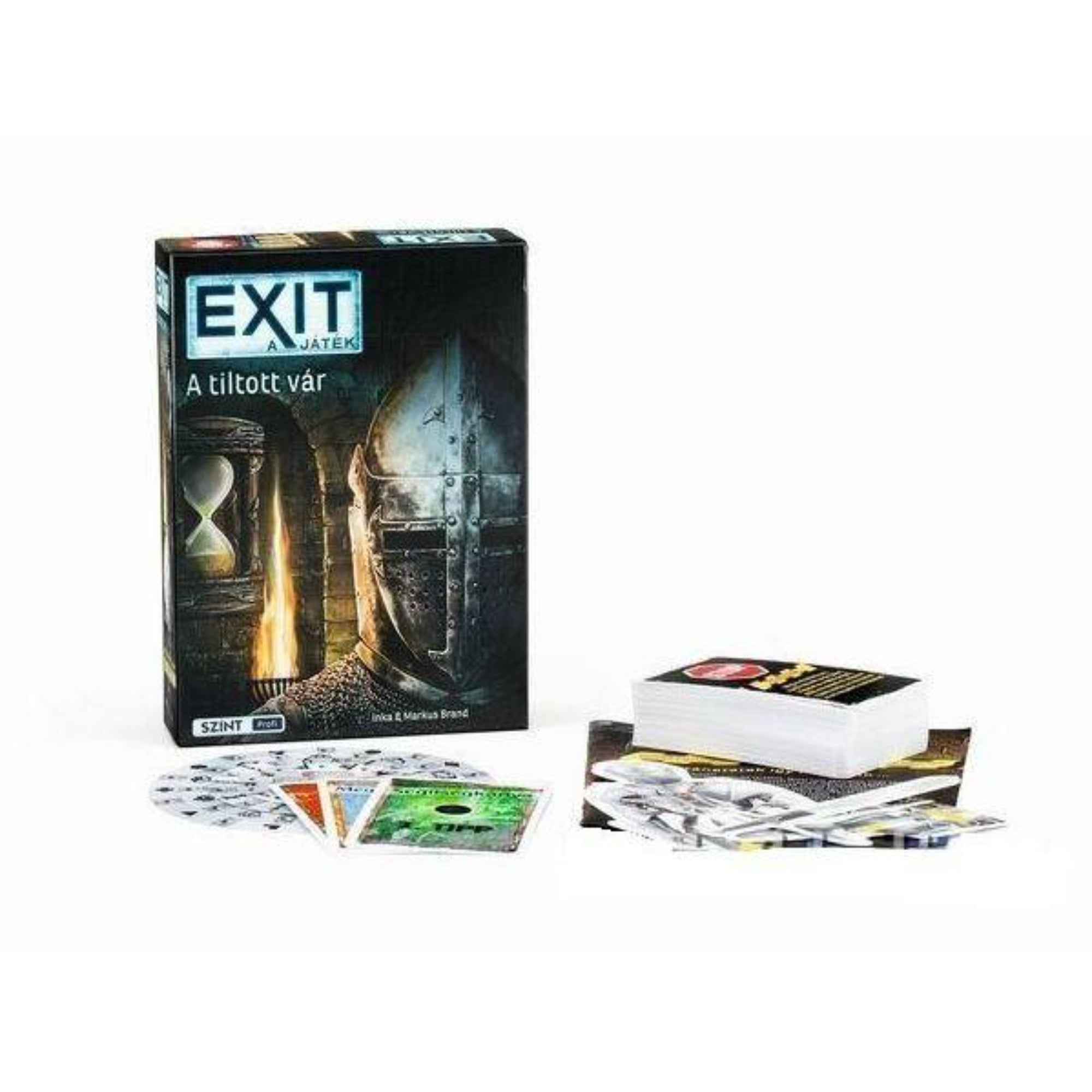 Az EXIT: A játék – A tiltott vár doboza a játék tartozékaival: kártyapakli, dekódtárcsák és különféle feladványlapok.