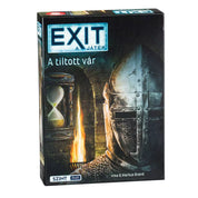 Az EXIT: A játék – A tiltott vár doboza, amelyen egy középkori páncélos sisakos lovag látható háttérben egy égő fáklyával és egy homokórával.