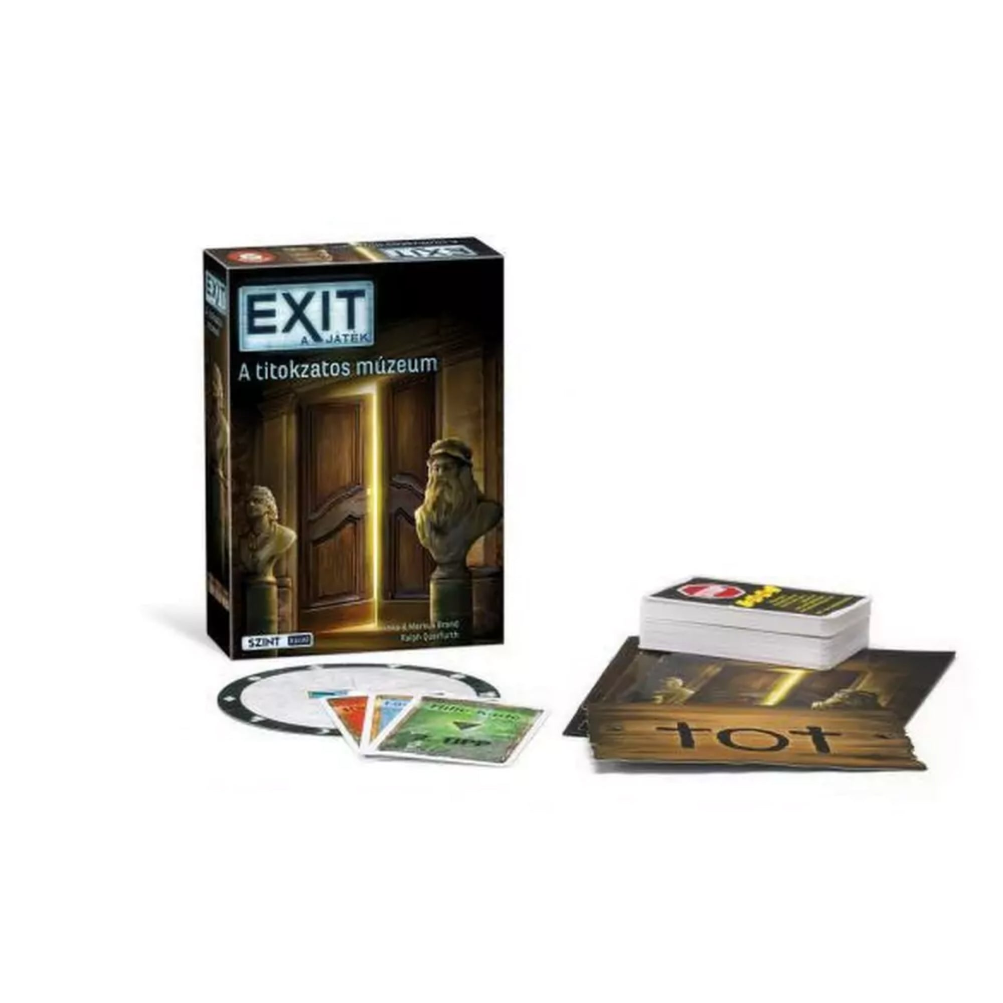 EXIT – A játék: A titokzatos múzeum” társasjáték doboza és tartozékai: kártyák, rejtvénylapok és egy kódkerék látható a képen.