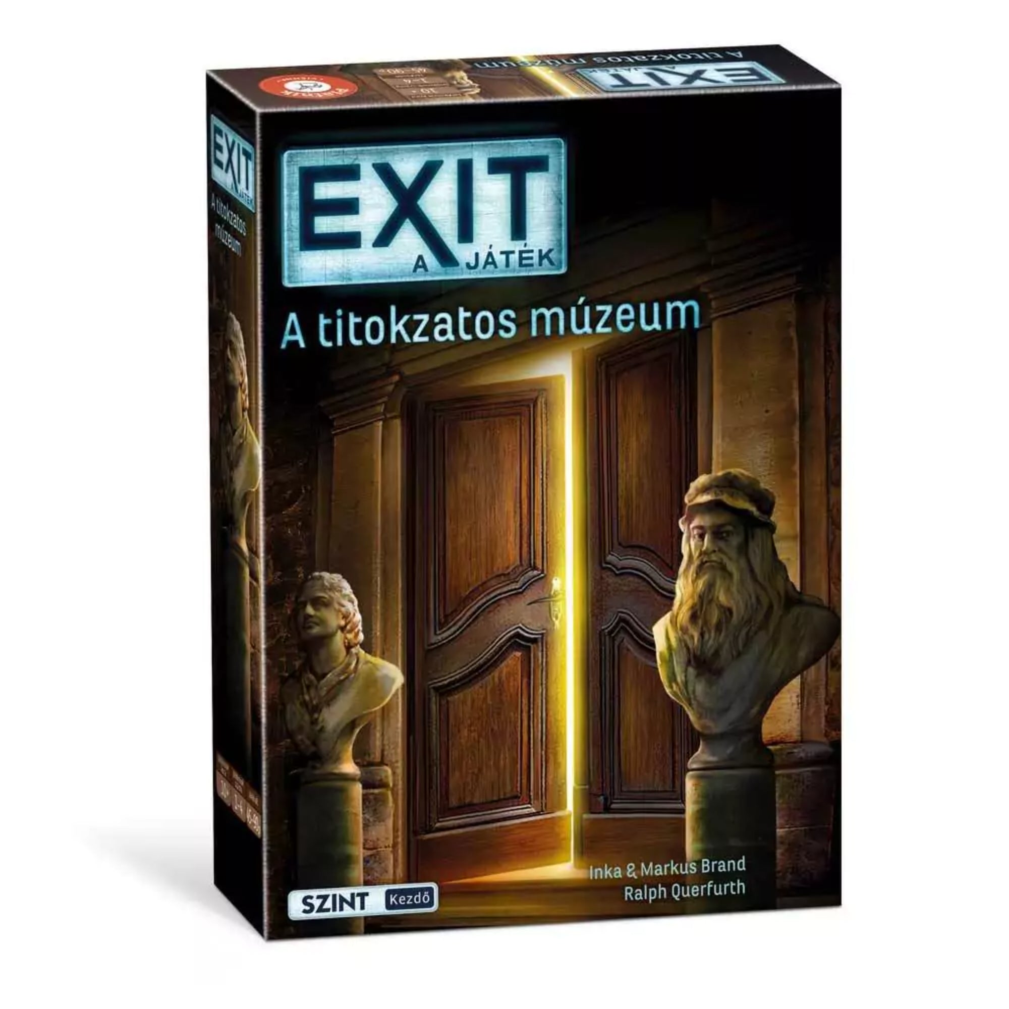 EXIT – A játék: A titokzatos múzeum” társasjáték doboza, amelyen két kő mellszobor között egy félig nyitott, titokzatosan fénylő faajtó látható.