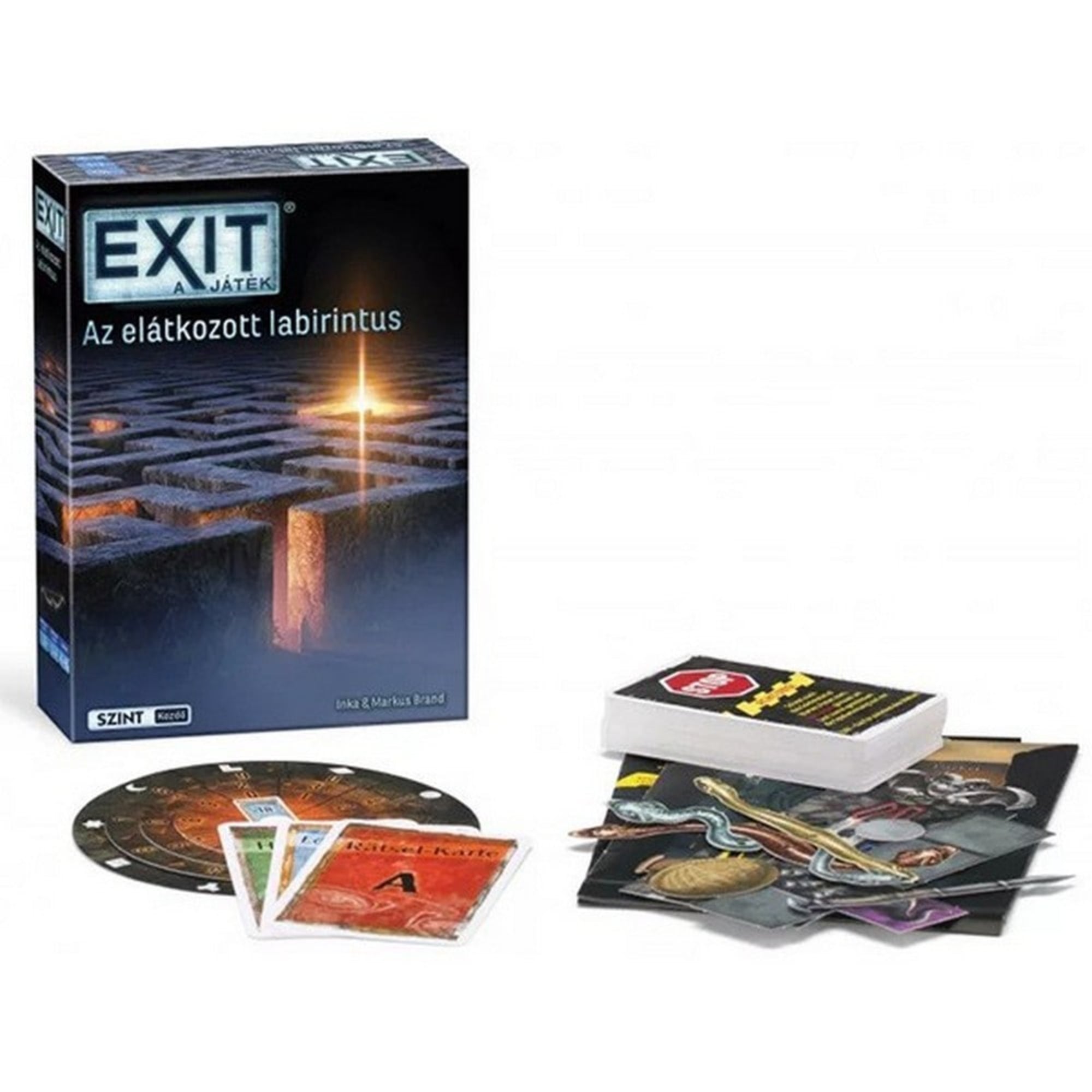 Az EXIT – Az elátkozott labirintus társasjáték doboza, amelyen egy sötét, kőből épült útvesztő látható misztikus fénnyel a kijáratnál.