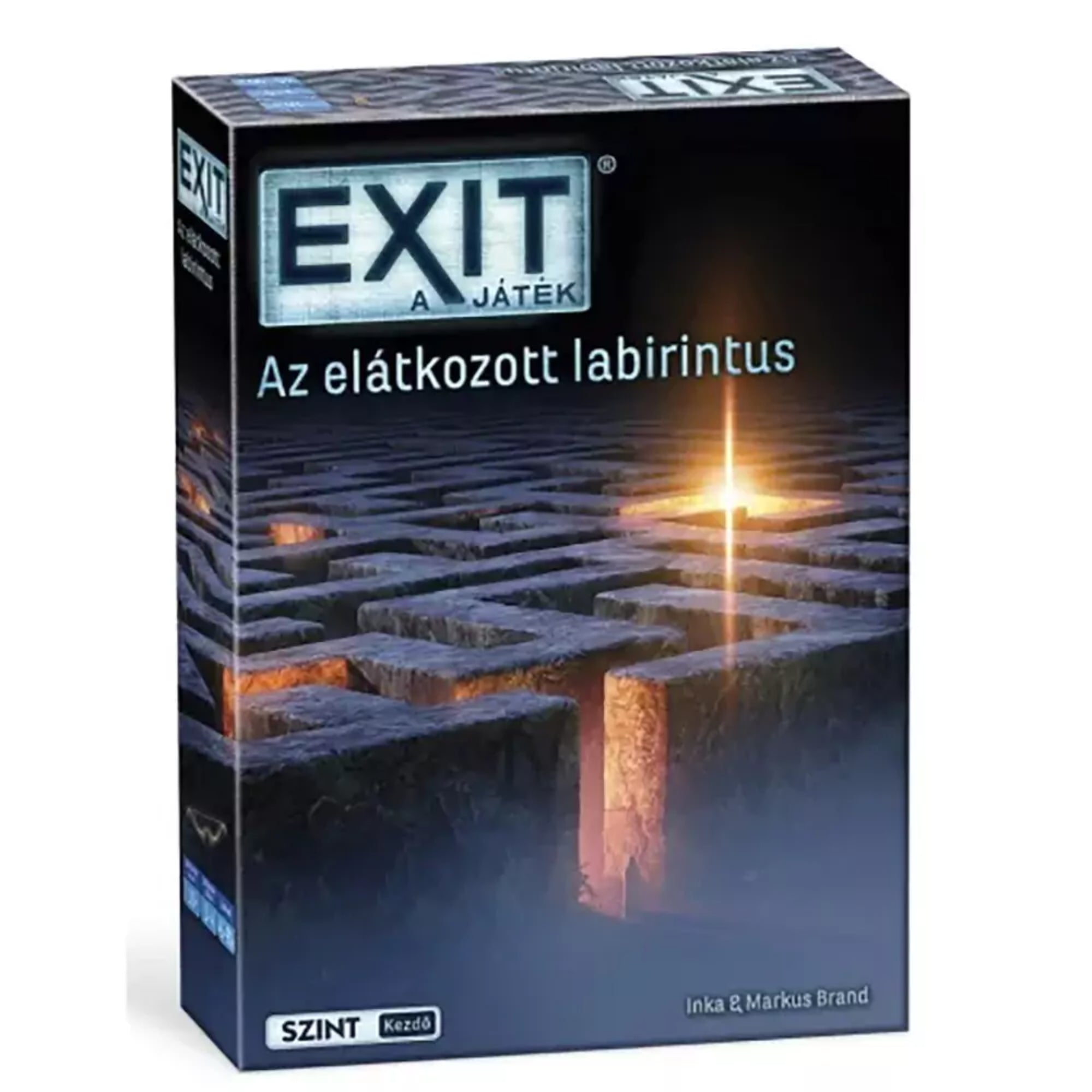Az EXIT – Az elátkozott labirintus társasjáték doboza, amelyen egy sötét, kőből épült útvesztő látható misztikus fénnyel a kijáratnál.