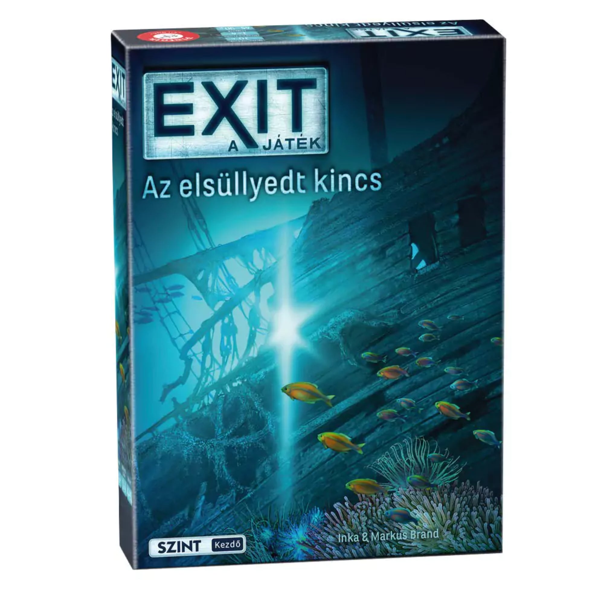 EXIT – Az elsüllyedt kincs társasjáték doboza, amelyen egy víz alatti hajóroncs és színes halraj látható, misztikus fényekkel megvilágítva.