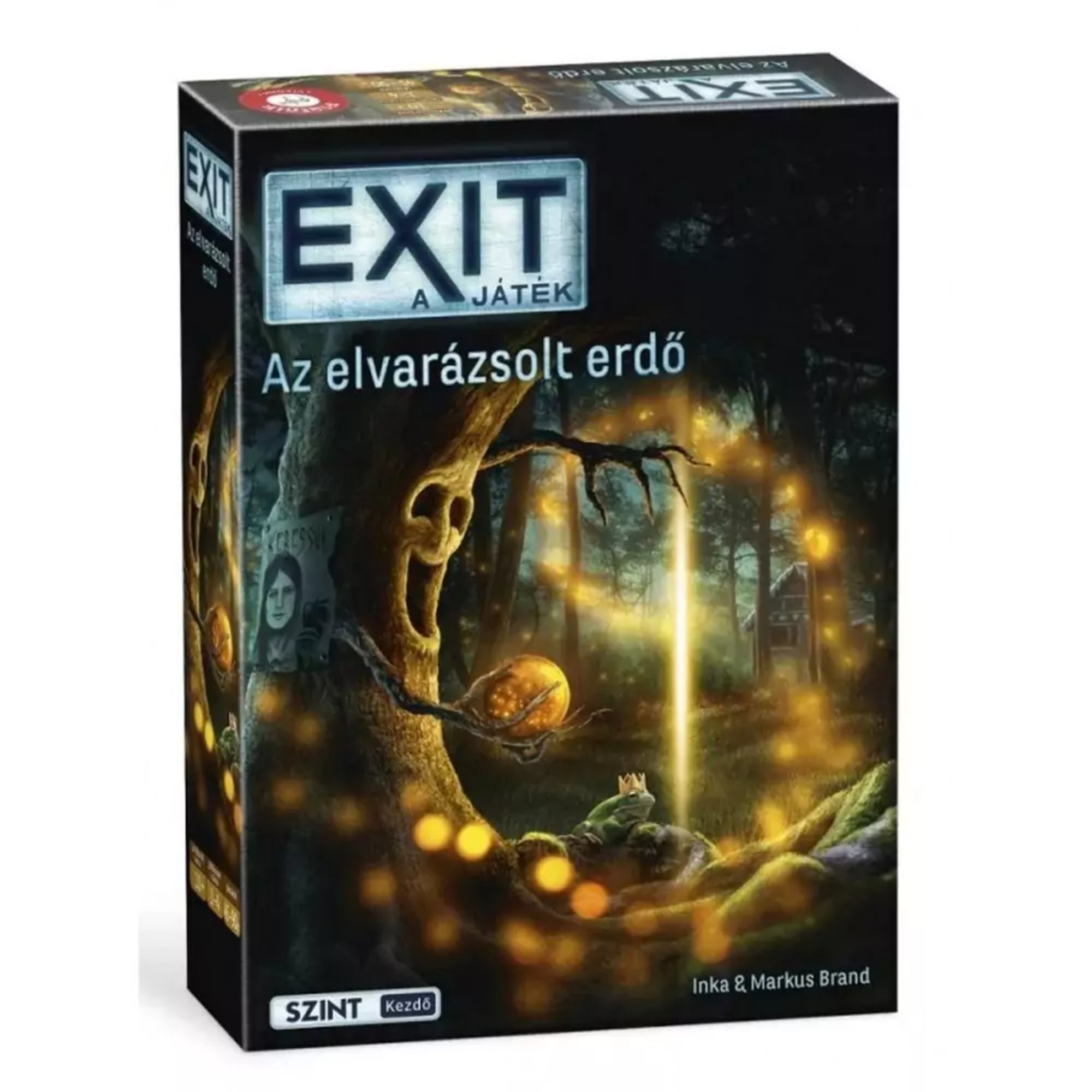 Az EXIT – Az elvarázsolt erdő társasjáték doboza: sötét, misztikus erdei jelenet, mágikus fénykapuval, beszélő fával és egy koronás békával az előtérben.