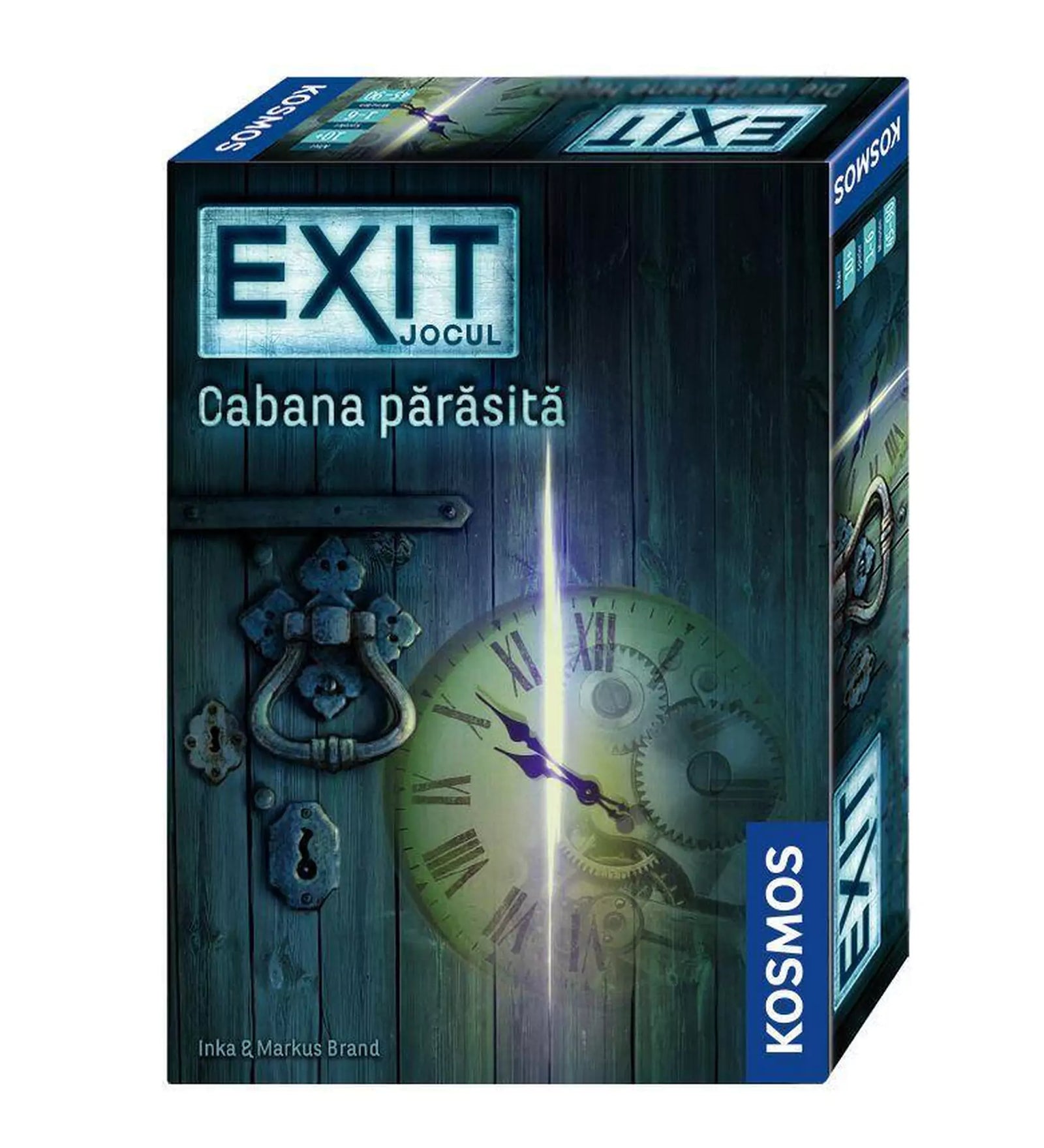 Az „EXIT – Cabana părăsită” társasjáték román nyelvű doboza, sötét fahatású ajtóval, kulcslyukkal és egy világító óramutatós rejtéllyel a középpontban.