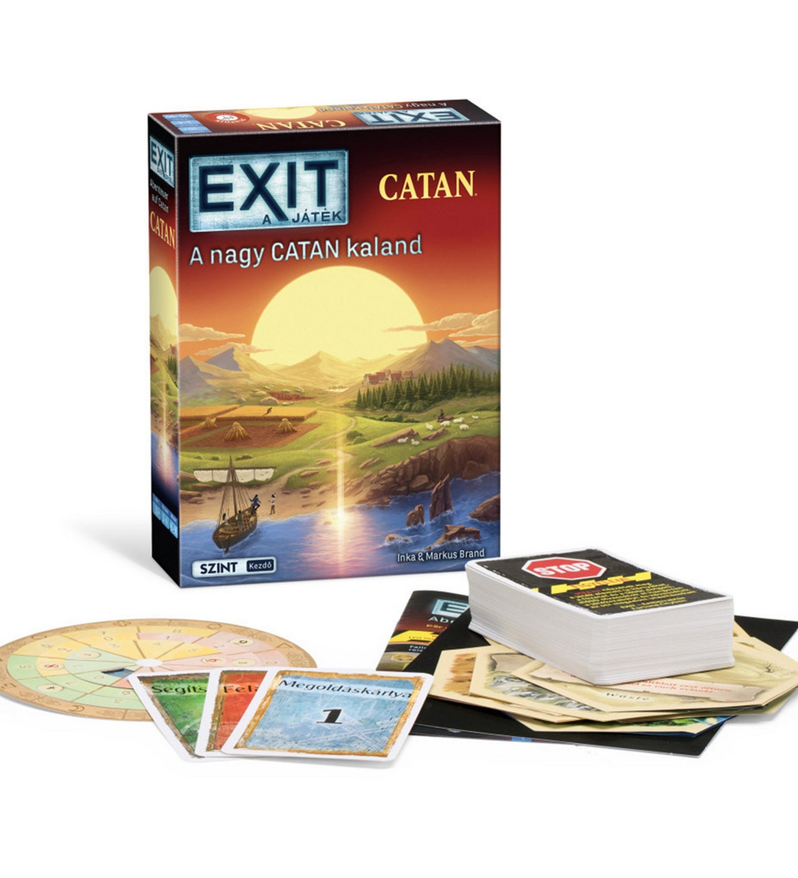 EXIT – A nagy CATAN kaland társasjáték doboza és játékelemei, kártyák, korong és kiegészítők kibontva.