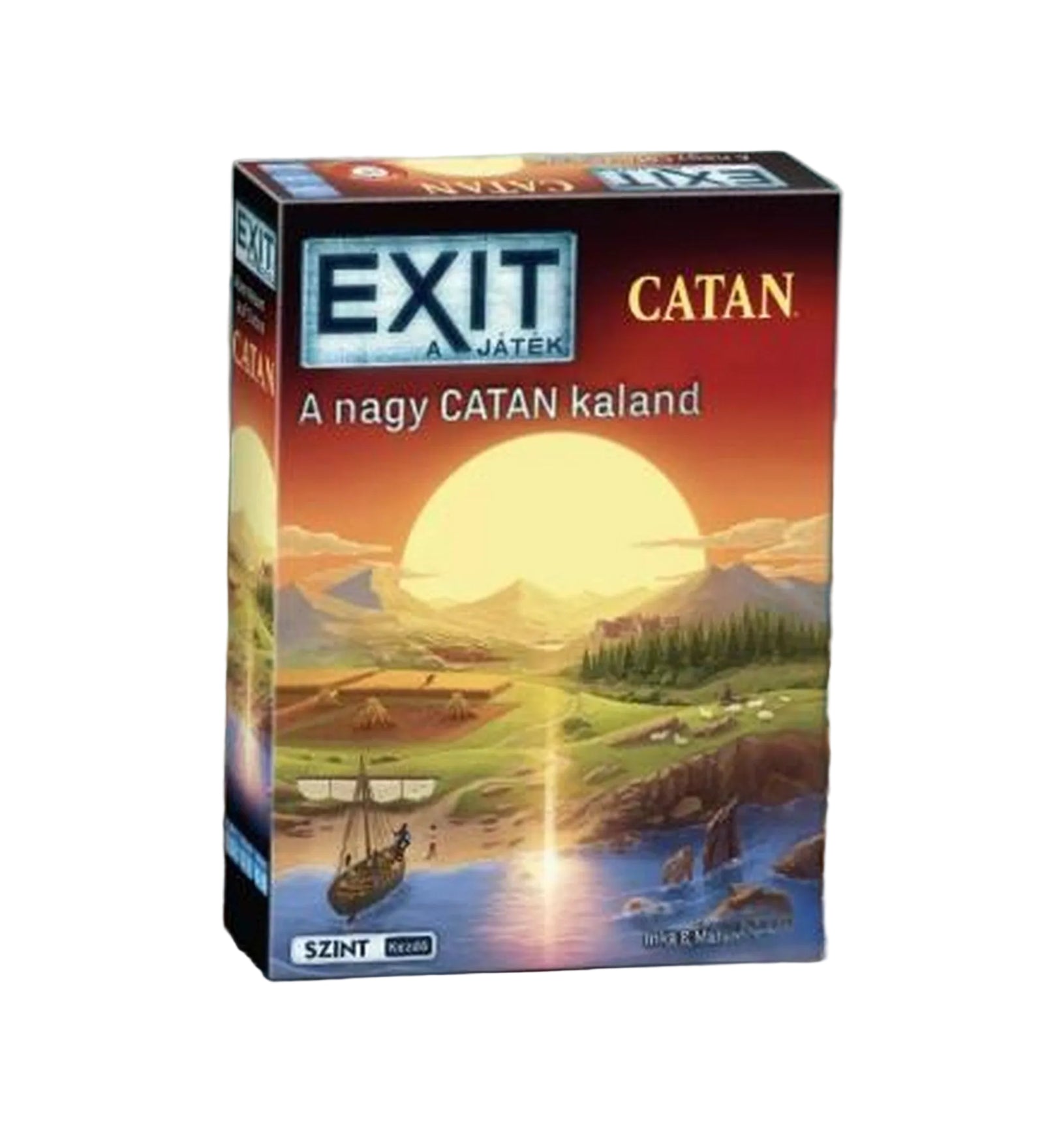 EXIT – A nagy CATAN kaland társasjáték doboza, naplementés CATAN tájjal és hajóval a borítón.