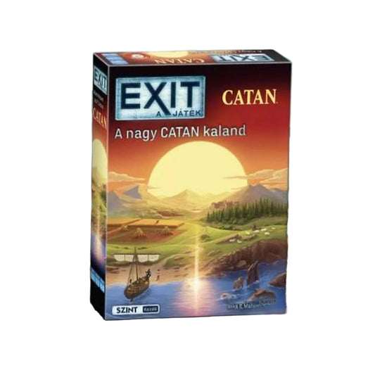 EXIT – A nagy CATAN kaland társasjáték doboza, naplementés CATAN tájjal és hajóval a borítón.