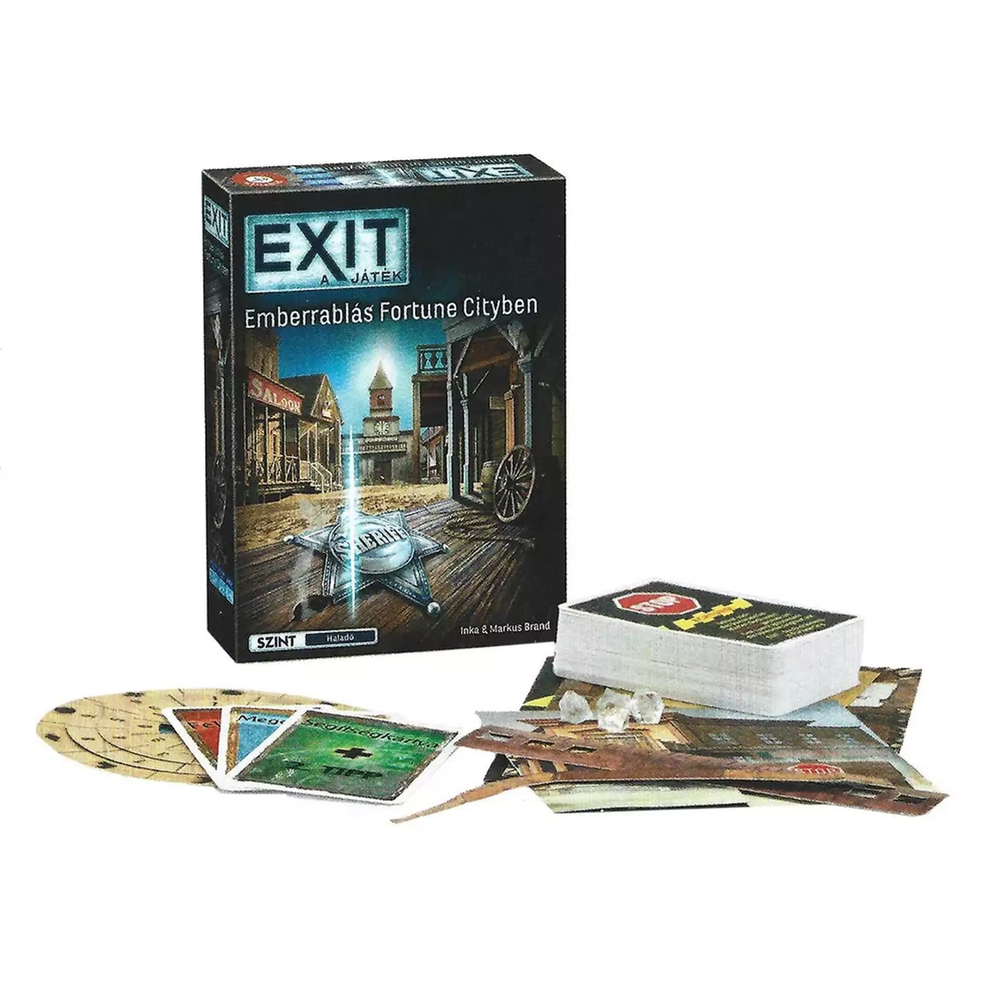 Az „EXIT – Emberrablás Fortune Cityben” társasjáték doboza western városképpel, előtte dekódtárcsa, kártyapakli, papírlapok és segédeszközök a nyomozáshoz.