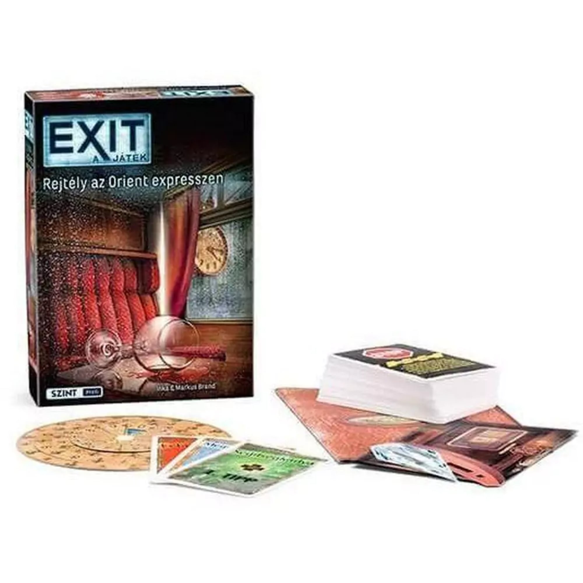 EXIT – Rejtély az Orient expresszen társasjáték doboza és tartozékai: játékkártyák, dekódtárcsa és egyéb rejtvénylapok, a híres vonat belsejét idéző grafikával.