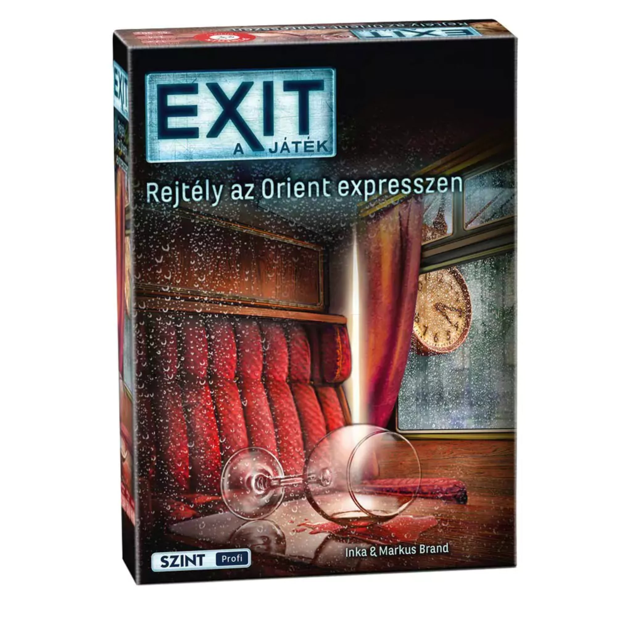 EXIT – Rejtély az Orient expresszen társasjáték doboza, amely egy vörös bársony fülkét, borospoharat és párás ablakot ábrázol, háttérben egy órával.