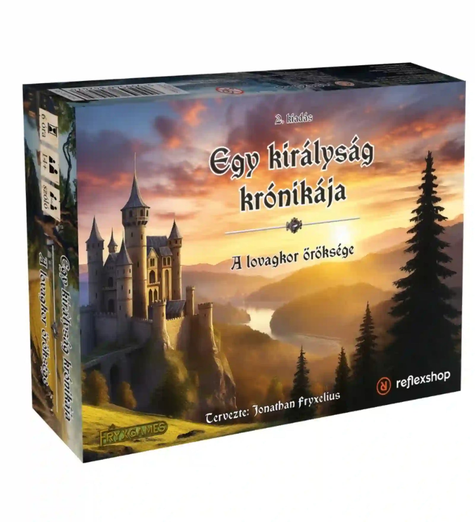 Az Egy királyság krónikája: A lovagkor öröksége társasjáték doboza háromnegyedes nézetből, kastélyos borítóképpel.