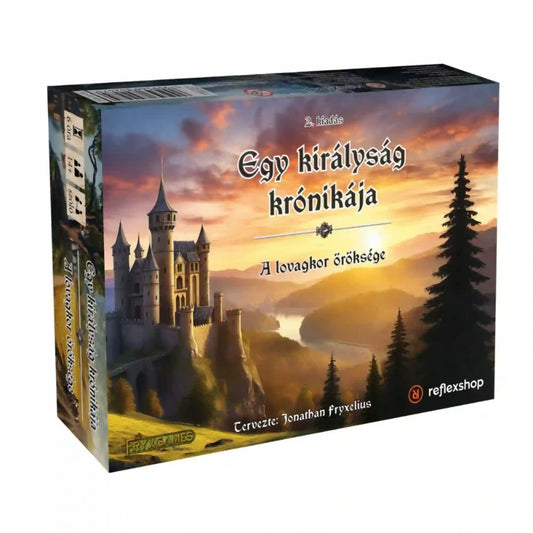 Az Egy királyság krónikája: A lovagkor öröksége társasjáték doboza háromnegyedes nézetből, kastélyos borítóképpel.