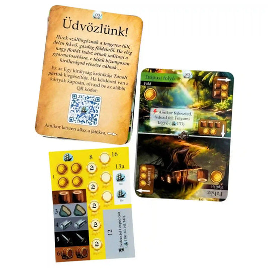 Az Egy királyság krónikája: Távoli partok kiegészítő játékkártyái, kezdőkártyája és matricalapja.