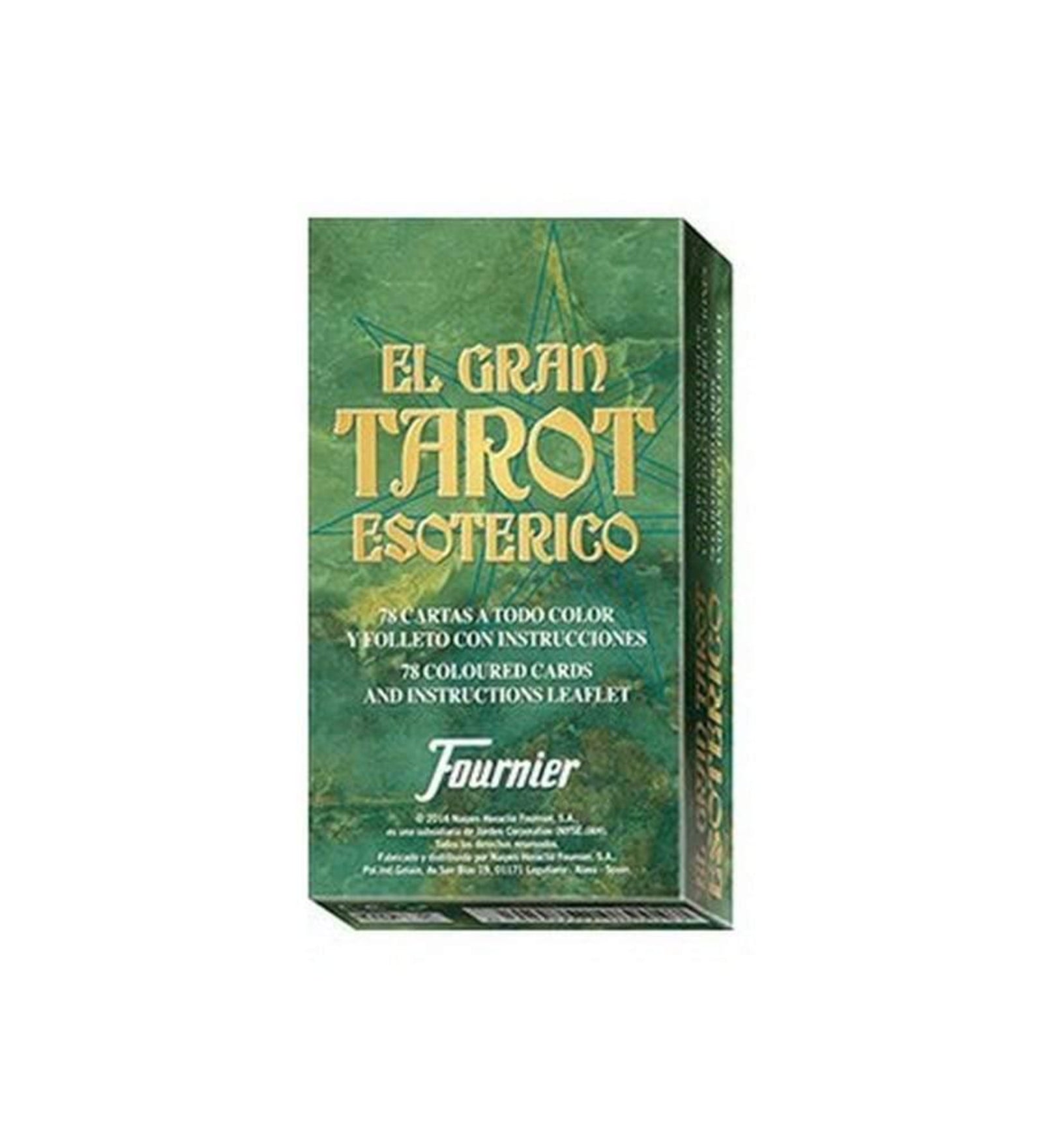 A képen az El Gran Tarot Esoterico nevű tarot kártyacsomag doboza látható. A zöldes alapszínű, misztikus csillagmotívummal díszített dobozon arany színnel szerepel a név, valamint az információ, miszerint a csomag 78 színes kártyát és útmutatót tartalmaz. A csomagot a híres spanyol kártyagyártó, a Fournier készítette, logójuk jól látható a doboz alján. 
