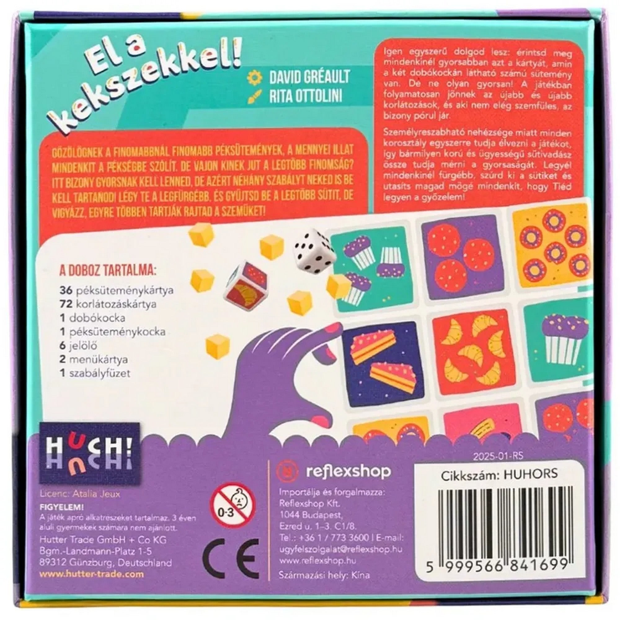 El a kekszekkel! – A társasjáték dobozának hátoldala, a játékelemekkel, tartalomlistával és szabályismertetővel.