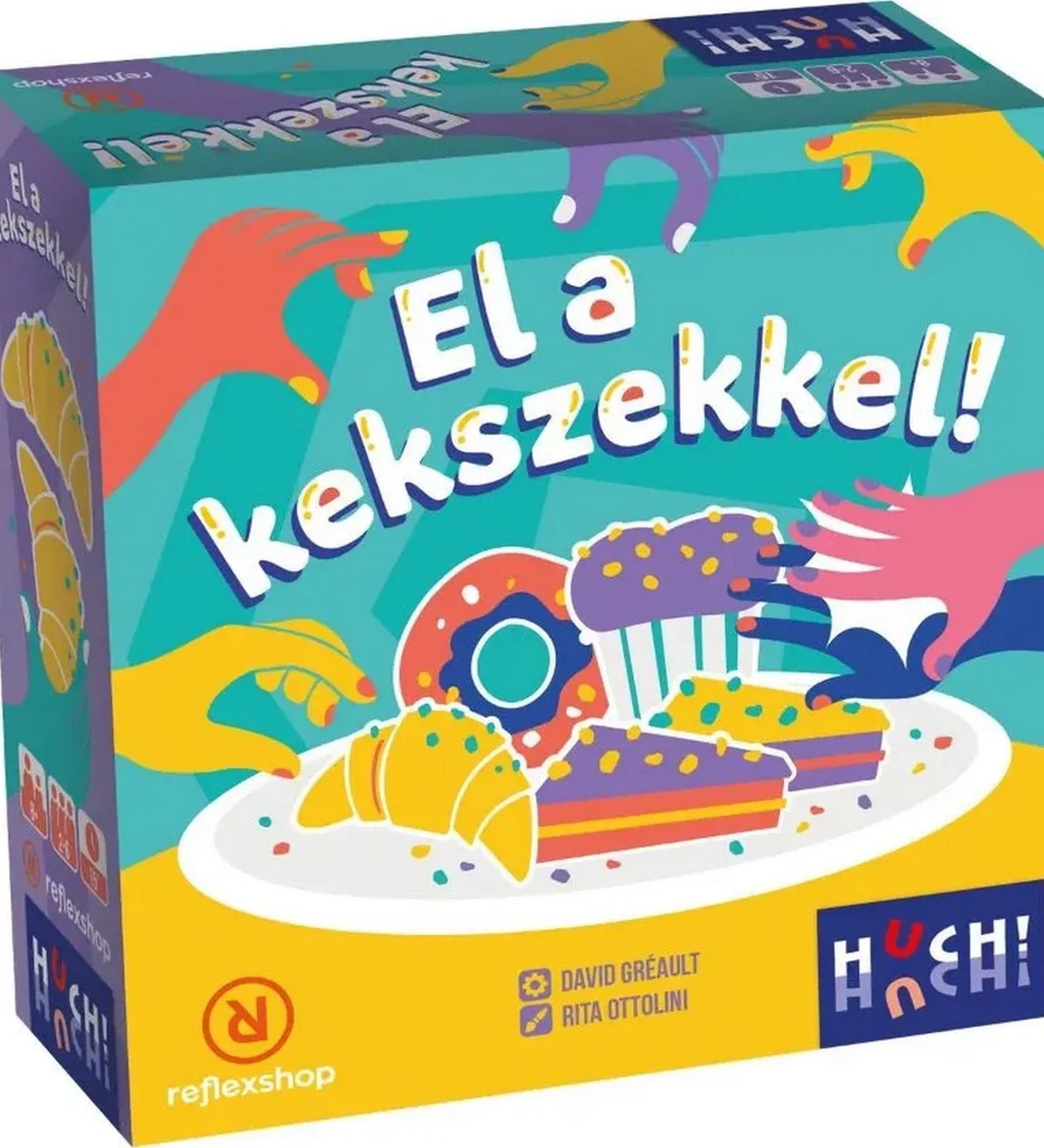 El a kekszekkel! – A társasjáték doboza, vidám illusztrációval, süteményekkel és játékos kézmotívumokkal.