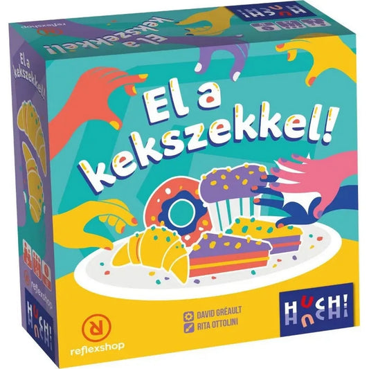 El a kekszekkel! – A társasjáték doboza, vidám illusztrációval, süteményekkel és játékos kézmotívumokkal.