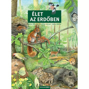 A képen az Élet az erdőben című könyv borítója látható, amely egy részletgazdag, illusztrált ismeretterjesztő könyv az erdei élővilágról. A borítón különféle állatok szerepelnek: mókusok egy faágon, egy vaddisznó a malacaival, egy harkály a fa törzsén, baglyok egy odúban, valamint őzek, rágcsálók és rovarok. A zöldellő erdő hátterében a természet sokszínűsége jelenik meg, amely izgalmas felfedezésre hívja a fiatal olvasókat.