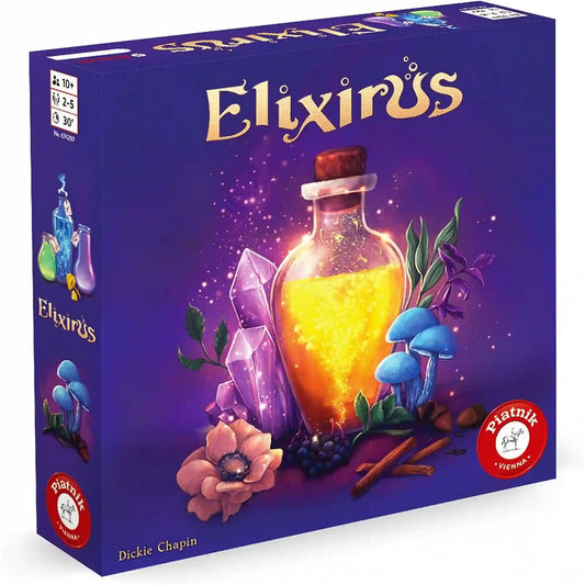 Az Elixirus társasjáték doboza, amelyet egy ragyogó varázsitalos üveg, kristályok, gombák és mágikus növények díszítenek. A dobozkép jól visszaadja a játék misztikus hangulatát és az alkímia világát.