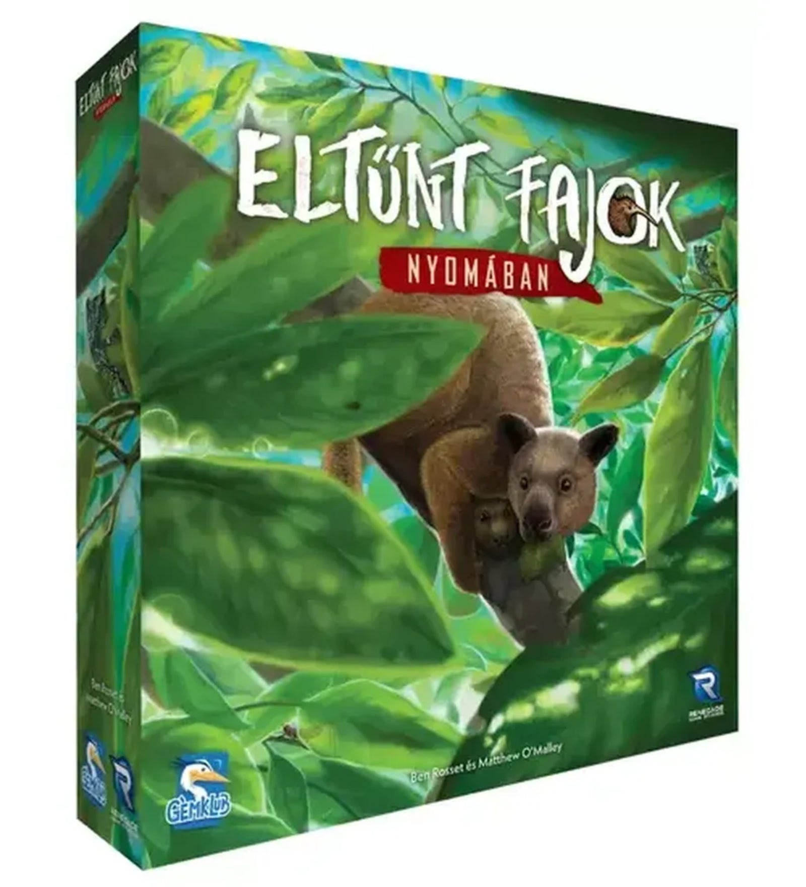 A képen az Eltűnt fajok nyomában társasjáték doboza látható. A borítón egy sűrű, zöld dzsungelbe rejtőzve figyelhetjük meg az egyik fő inspirációt adó állatot – egy különleges, lombkoronában élő emlőst. A doboz élénken zöld és természetközeli színekkel dolgozik, az illusztráció pedig sejtelmes, felfedezésre hívó hangulatot áraszt. A Gemklub és a Renegade Games logója is megjelenik, utalva a kiadóra, míg a cím izgalmas, kézzel írott stílusa a kaland és kutatás érzését kelti. 