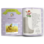 Az Én Istenem, jó Istenem könyv egyik belső oldala, „Bátor vagyok” című rész, bibliai idézettel és illusztrációval, ahol egy gyermek imádkozik és gördeszkázik, mellette Dávid és Góliát rajza.