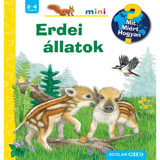 A Mit? Miért? Hogyan? Mini – Erdei állatok könyv borítója, amely két játékos vaddisznó malacot ábrázol egy erdei környezetben, madarakkal, növényekkel és egy csigával.