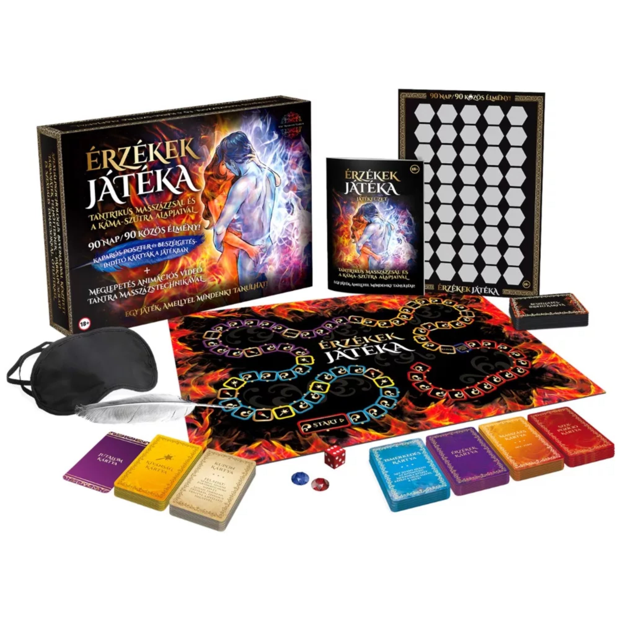 Érzékek Játéka társasjáték teljes tartalma – díszdoboz, játéktábla, kártyapaklik, dobókocka, szemkötő és kiegészítők.