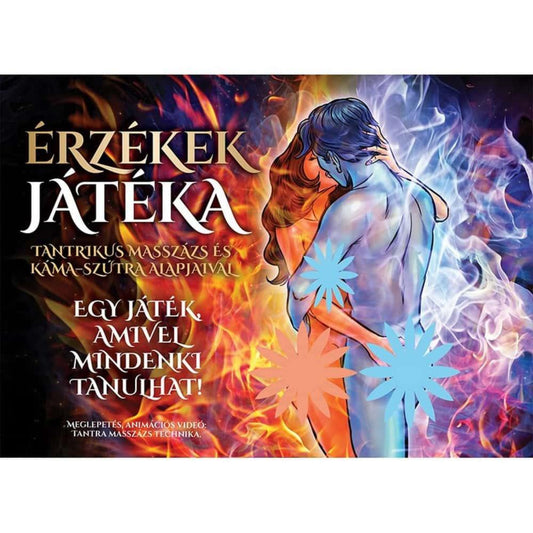 Érzékek Játéka társasjáték dobozborító – ölelkező pár grafikával, tűz és jég motívummal, tantrikus masszázs tematikával.