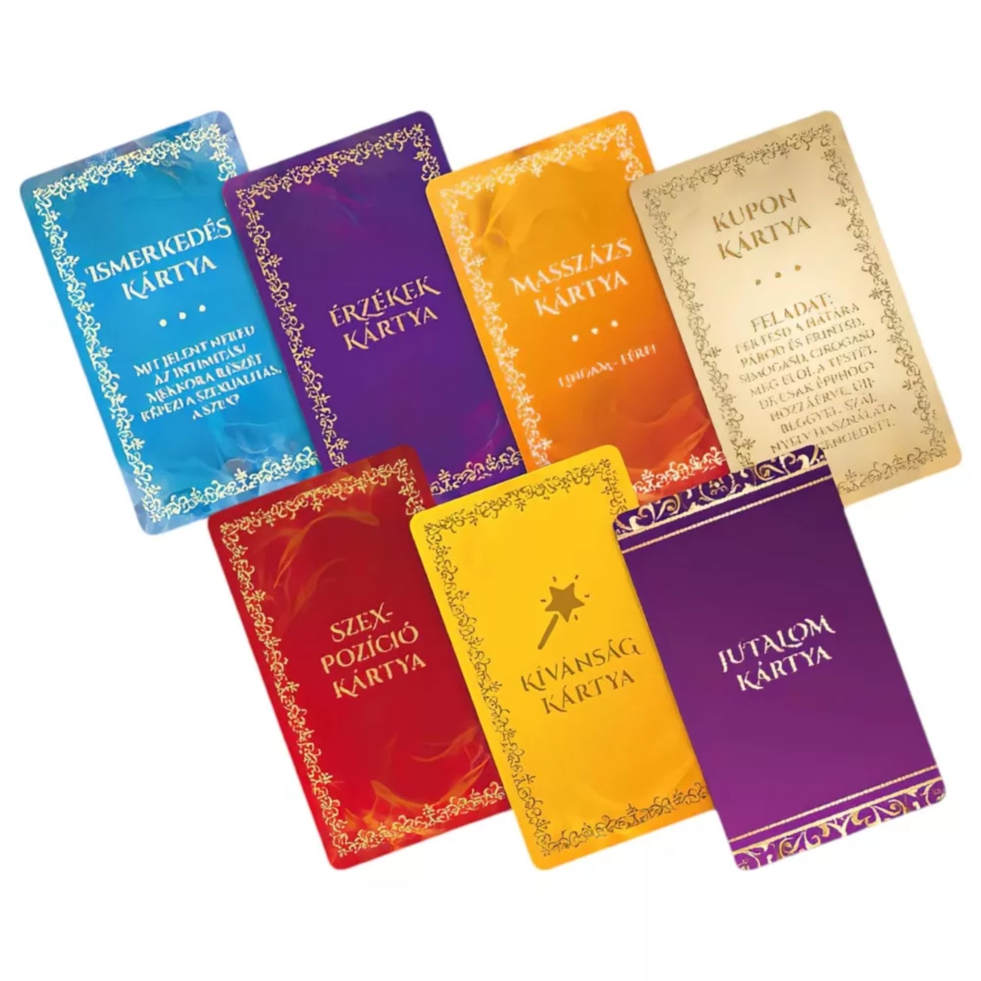 Érzékek Játéka társasjáték különböző kártyatípusai – Ismerkedés, Érzékek, Masszázs, Kupon, Kívánság, Jutalom és Szexpózíció kártyák.