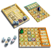 Az Escape: Roll & Write társasjáték tartozékai: színes kockák, különböző játéklapok labirintusmintával, jelölésekkel és bábukkal, izgalmas kalandhangulatban.