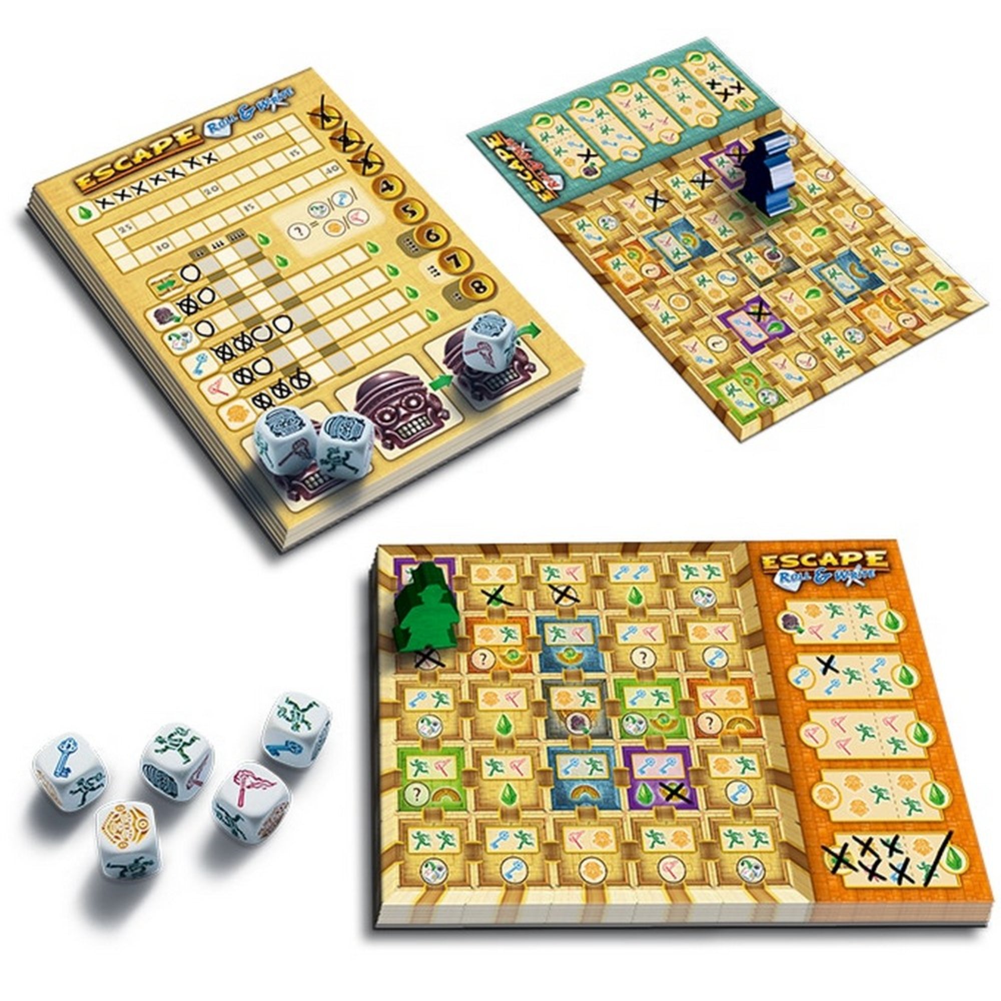 Az Escape: Roll & Write társasjáték tartozékai: színes kockák, különböző játéklapok labirintusmintával, jelölésekkel és bábukkal, izgalmas kalandhangulatban.