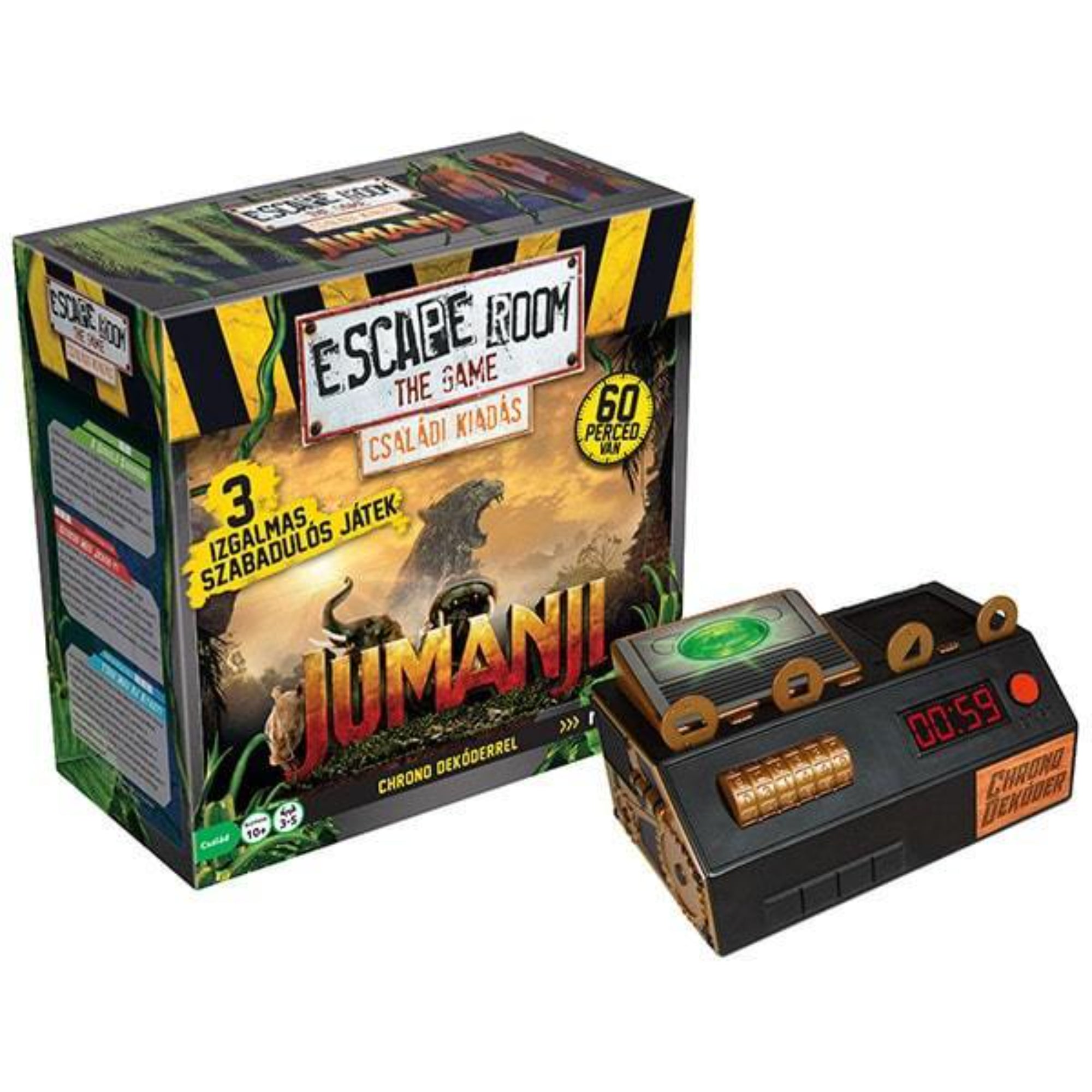 Escape Room The Game: Jumanji – Családi kiadás doboza három szabadulós játékkal, mellette egy digitális időzítőként működő Chrono Dekóder eszköz, dzsungel témájú grafikával.