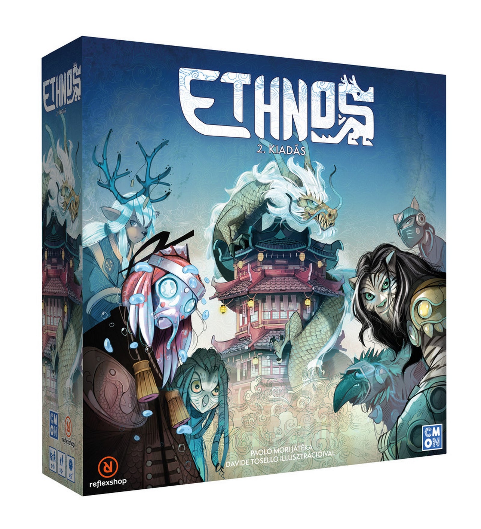 Az Ethnos – 2. kiadás társasjáték doboza, misztikus fantasy témájú illusztrációval, sárkánnyal, hősi karakterekkel és templommal.